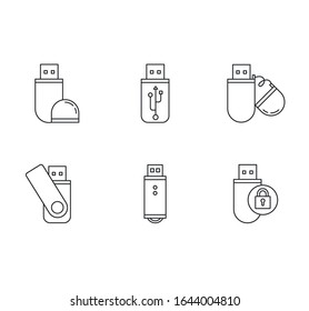 USB flash drive pixel perfect linear icons set. Compact data storage device. Memory stick. Thumb drive. Customizable thin line contour symbols. Isolated vector outline illustrations. Editable stroke