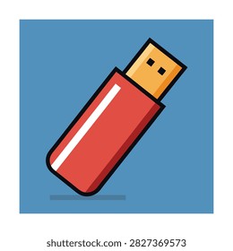 Usb flash drive with a red body and yellow connector on a solid blue square background, data storage device