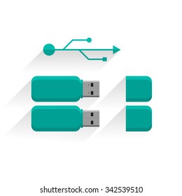 USB flash drive - set with the sign. Portable memory illustration. Flat design.