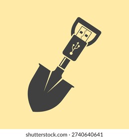 USB flash drive shaped like a shovel on a yellow background, symbolizing data digging or storage
