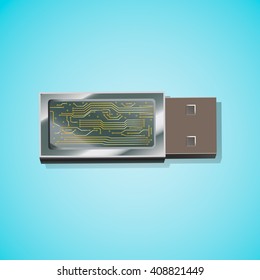 USB flash drive shown in a light blue background.