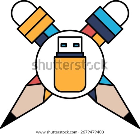 A USB flash drive is shown with a pencil and pen. The pencil and pen are crossed over each other, and the USB flash drive is in the middle