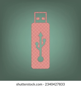 Signo de unidad flash USB. Icono de albaricoque con motivos gráficos de parqué rojo ladrillo en un fondo de Ebony. Feldgrau. Verde. Ilustración.