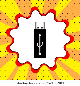 USB flash drive sign. Black icon in a bubble on a yellow background pop art. Vector.
