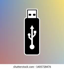 USB flash drive sign. Black icon in white shell at pastel color background. Illustration.