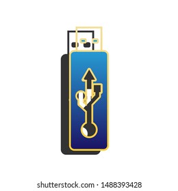 USB flash drive sign. Blue icon with gold contour with dark gray shadow at white background. Illustration.
