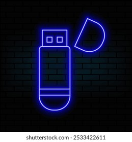 USB flash drive sign. Cyan neon icon in the dark. Bluring. Luminescence. Illustration..blue.