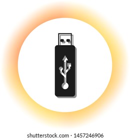 USB flash drive sign. Dark icon with shadow on the glowing circle button. Illustration.