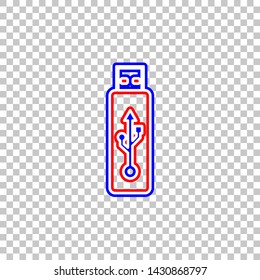 USB flash drive sign. Red, white and contour icon at transparent background. Illustration.