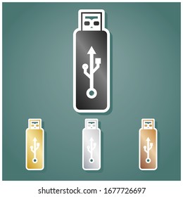 Signo de unidad flash USB. Conjunto de íconos metálicos con gradiente gris, dorado, plata y bronce con contorno blanco y sombra en fondo viridán. Ilustración.