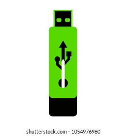 USB flash drive sign. Vector. Green 3d icon with black side on white background. Isolated.