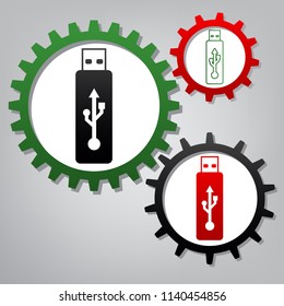 USB flash drive sign. Vector. Three connected gears with icons at grayish background.