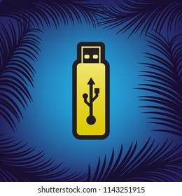 USB flash drive sign. Vector. Golden icon with black contour at blue background with branches of palm trees.
