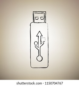 USB flash drive sign. Vector. Brush drawed black icon at light brown background.