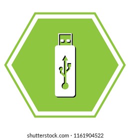 USB flash drive sign. Vector. White icon with black shadow at yellow green honeycomb on white background.