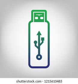 USB flash drive sign. Vector. Green to blue gradient contour icon at grayish background with light in center.