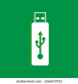 USB flash drive sign. Vector. White flat icon with yellow striped shadow at green background.