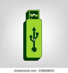 USB flash drive sign. Vector. Yellow green solid icon with dark green external body at light colored background.