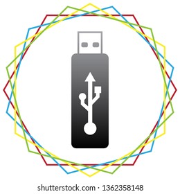 USB flash drive sign. Vector. Black icon with patch of light inside colorful hexagonal frames at white background.