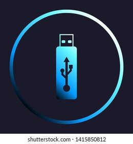 USB flash drive sign. White, cyan and blue gradient icon as round button in white shell at dark blue background. Illustration.