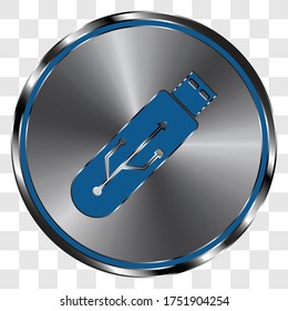 Usb flash drive simple icon vector on metal round button. Transparent grid