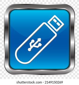 Usb flash drive simple icon vector. Flat design. Metal, blue square button. Transparent grid.ai
