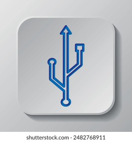 Usb flash drive simple icon vector. Flat design. Paper cut design. Cutted blue symbol with shadow. Gray badge button, gray background.ai