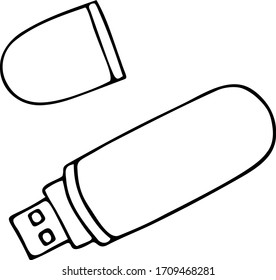 Unidad flash USB. Dispositivo electrónico portátil para almacenar una gran cantidad de información. Ilustración vectorial. Contorno en un fondo aislado. Estilo Doodle. Esbozo. Ilustración para el diseño web.