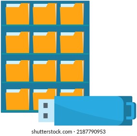 Usb flash drive storage device and folder cells, uses flash memory and connected to computer or other reader via USB interface. Modern technologies for data and information storage, electronic plug
