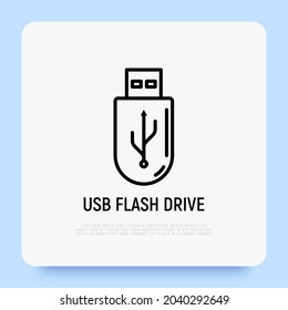 Icono de línea delgada de la unidad flash USB. Producto promocional. Ilustración vectorial moderna.