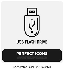 Icono de línea delgada de la unidad flash USB. Producto promocional. Ilustración vectorial moderna.