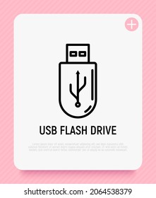 USB flash drive thin line icon. Promotional product. Modern vector illustration.