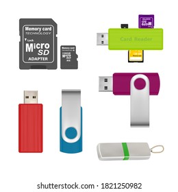 USB flash drive en vector sobre fondo blanco.Lector de tarjetas para leer tarjetas de memoria en vector.