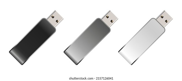 USB flash drive in vector on white background. Mockup. Set.
