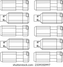 USB flash drive in vector on white background. Mockup. Set.USB stick in a laptop computer