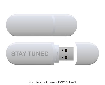 USB flash drive in white color. Stay tuned. Vector illustration. 