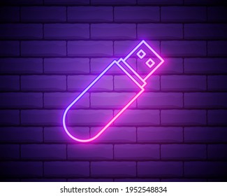 usb flash driver neon glow icono. Línea delgada simple, contorno vector de iconos de tecnología para UI y UX, sitio web o aplicación móvil en pared de ladrillo