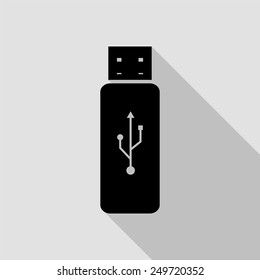 usb flash icon - black illustration with long shadow