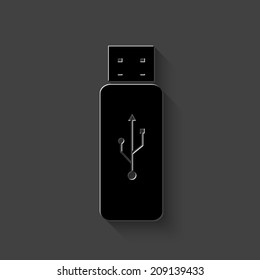 Usb flash icon - black vector illustration with shadow on dark background