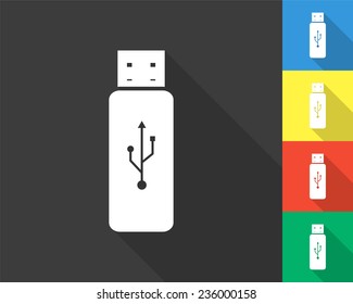 usb flash icon - gray and colored (blue, yellow, red, green) vector illustration with long shadow