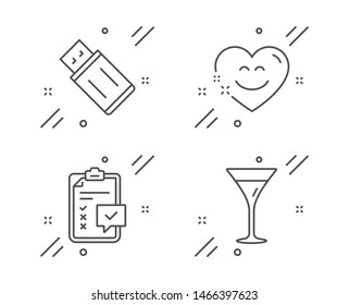 Usb flash, Smile chat and Checklist line icons set. Martini glass sign. Memory stick, Heart face, Survey. Wine. Business set. Line usb flash outline icon. Vector