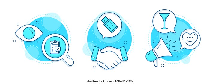 Usb flash, Smile chat and Checklist line icons set. Handshake deal, research and promotion complex icons. Martini glass sign. Memory stick, Heart face, Survey. Wine. Business set. Vector