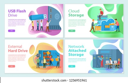 USB flash storage cloud, attached network memory posters set. People working on improving devices, media data store on hard drive disk of laptop pc