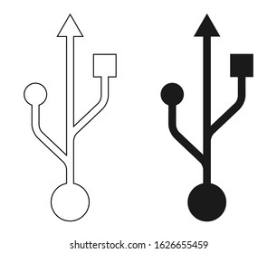 USB Flat Icon Vector Black Silhouette and Outline Isolated on White