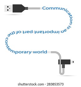 USB gray cable isolated on a white background, vector illustration. Text: communication an important part of the contemporary world