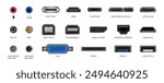 USB hand drawn MI. Type C connector. Computer cord. PC display port. TV or DVI outlet. Micro input. Network wire. Electronic interface. Audio connection socket. Mini modem. Vector 3D charger plugs set