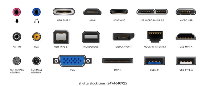 USB hand drawn MI. Type C connector. Computer cord. PC display port. TV or DVI outlet. Micro input. Network wire. Electronic interface. Audio connection socket. Mini modem. Vector 3D charger plugs set