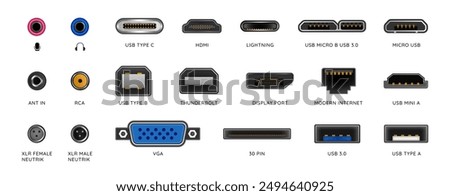 USB hand drawn MI. Type C connector. Computer cord. PC display port. TV or DVI outlet. Micro input. Network wire. Electronic interface. Audio connection socket. Mini modem. Vector 3D charger plugs set