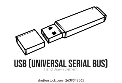 USB Hand Drawn Sketch, editable, black line, outline, simple design, electronic device, technology