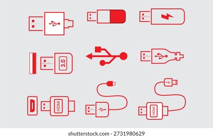 USB and HDMI Cable Icons: Red Line Illustrations of Connectors, Adapters, and Plugs